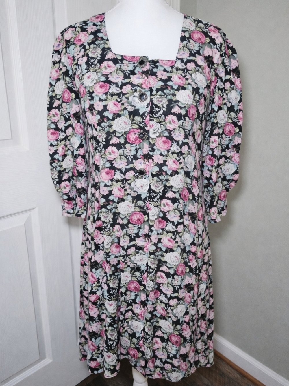 Vintage 90s D.B.Y Floral Midi Dress Black Pink Roses Square Neck Cottagecore Rom